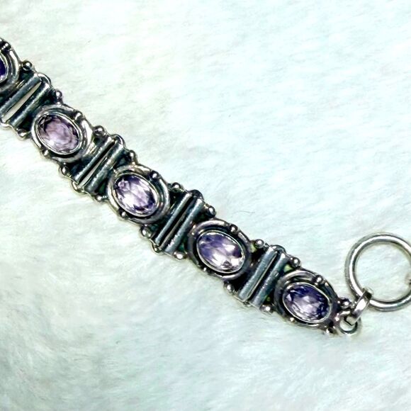 Vintage Sterling Silver & Amethyst Link Bracelet Adj 7" to 7 3/4" - Picture 4 of 6
